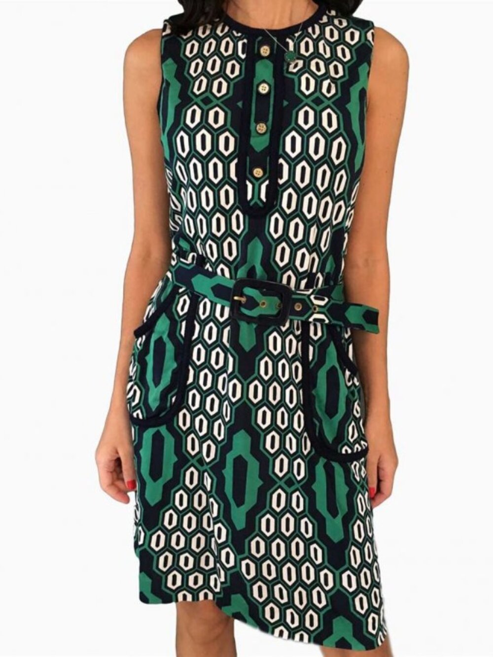 Tory Burch 100% Silk Sheath Dress Navy Green Geometric Sleeveless Office Medium